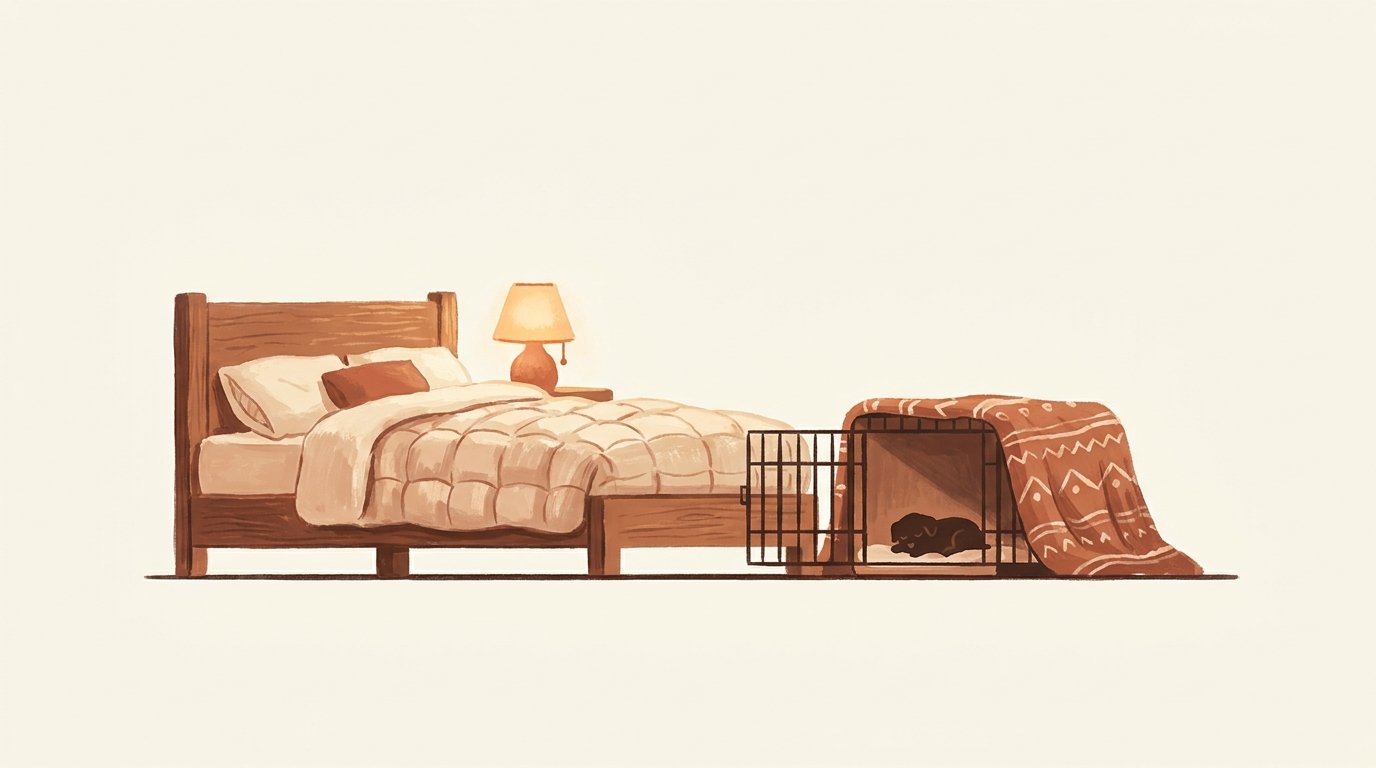 Schéma de placement d'une cage de chiot à côté d'un lit, avec couverture sur le toit pour faire effet 'tanière'
