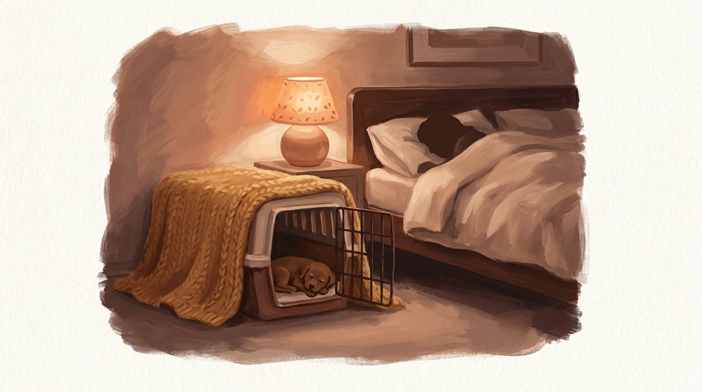 Illustration éditoriale d'une cage de chiot recouverte d'une couverture, à côté d'un lit dans une chambre la nuit, ambiance tendre et calme