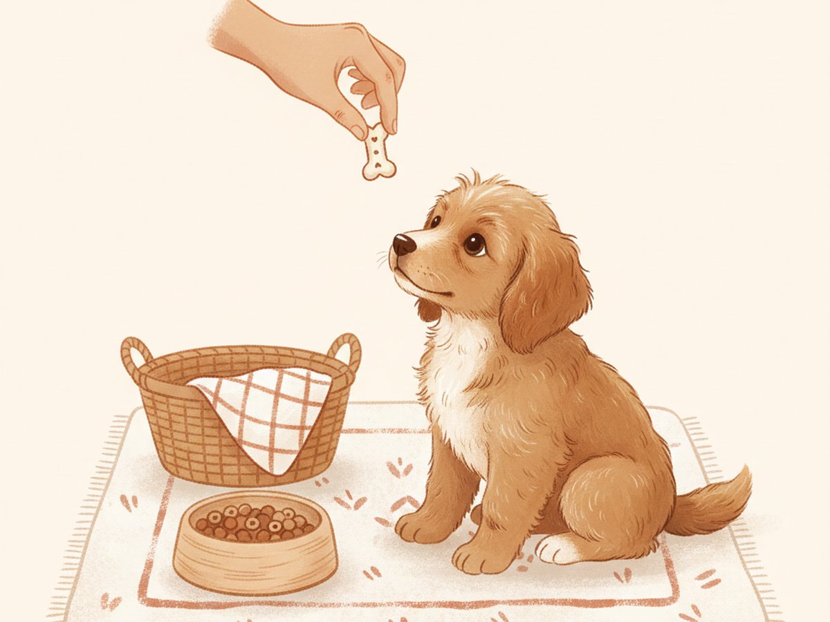 Une main tendue offrant une friandise à un petit chiot attentif sur un tapis crème, illustration éditoriale gouache aux tons crème et terracotta