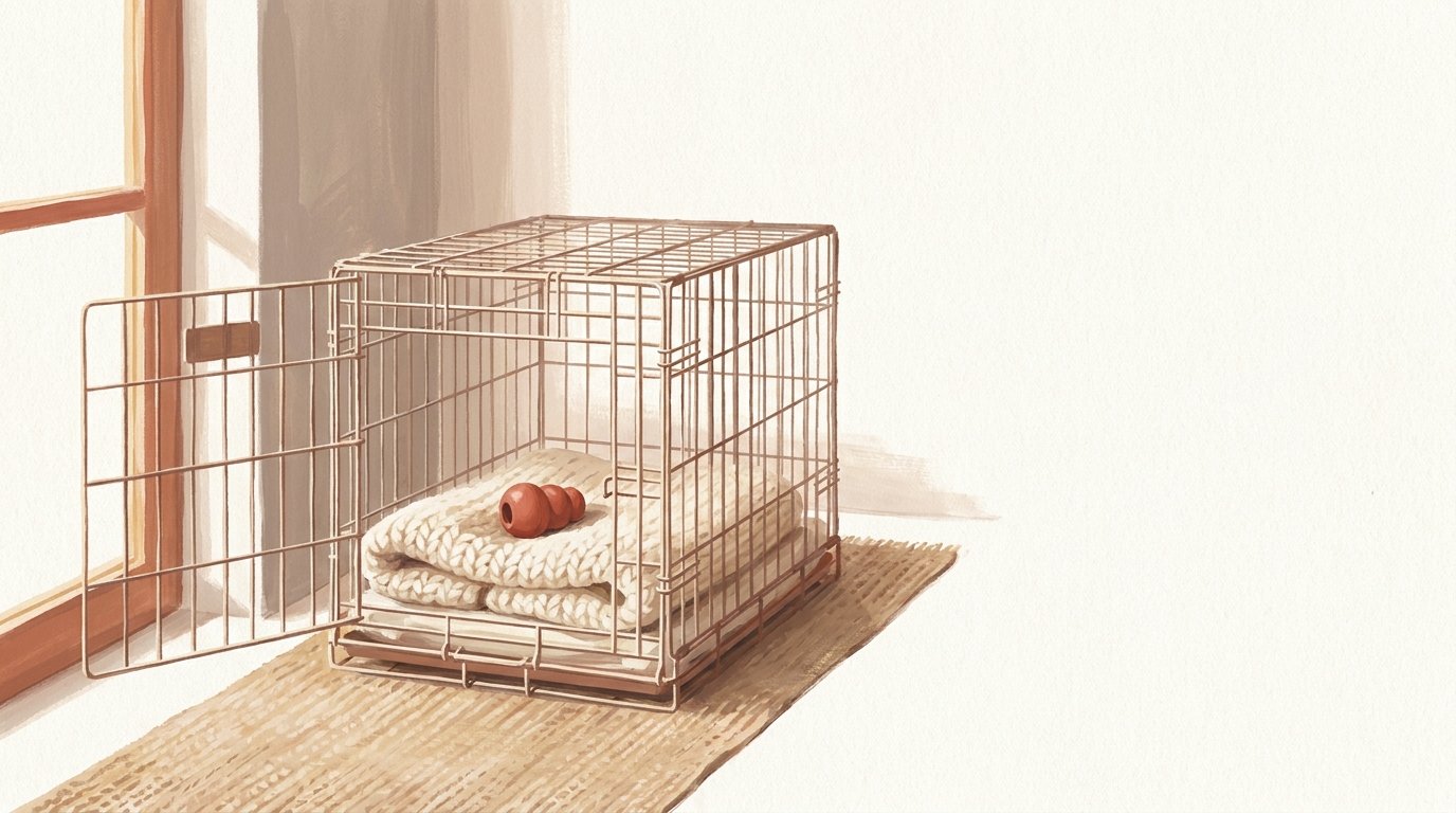 Cage d'intérieur ouverte avec couverture douce et jouet à mâcher, baignée de lumière matinale — illustration éditoriale