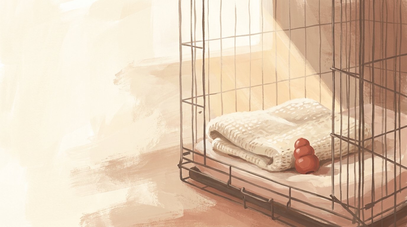 Un KONG et une couverture douce à l'intérieur d'une cage ouverte, baignés de lumière matinale