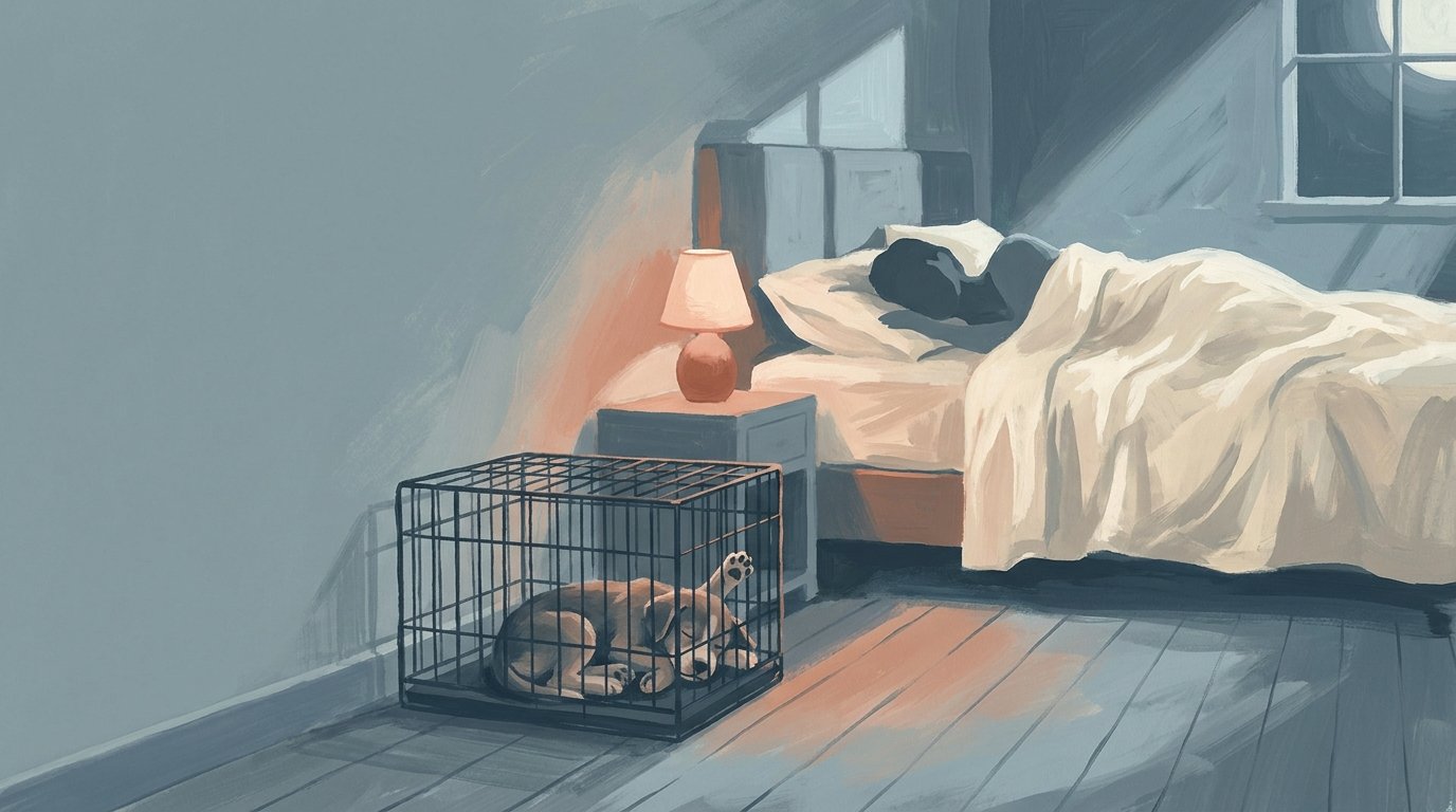 La cage placée à côté du lit, la nuit, pour rassurer le chiot sans le laisser monter