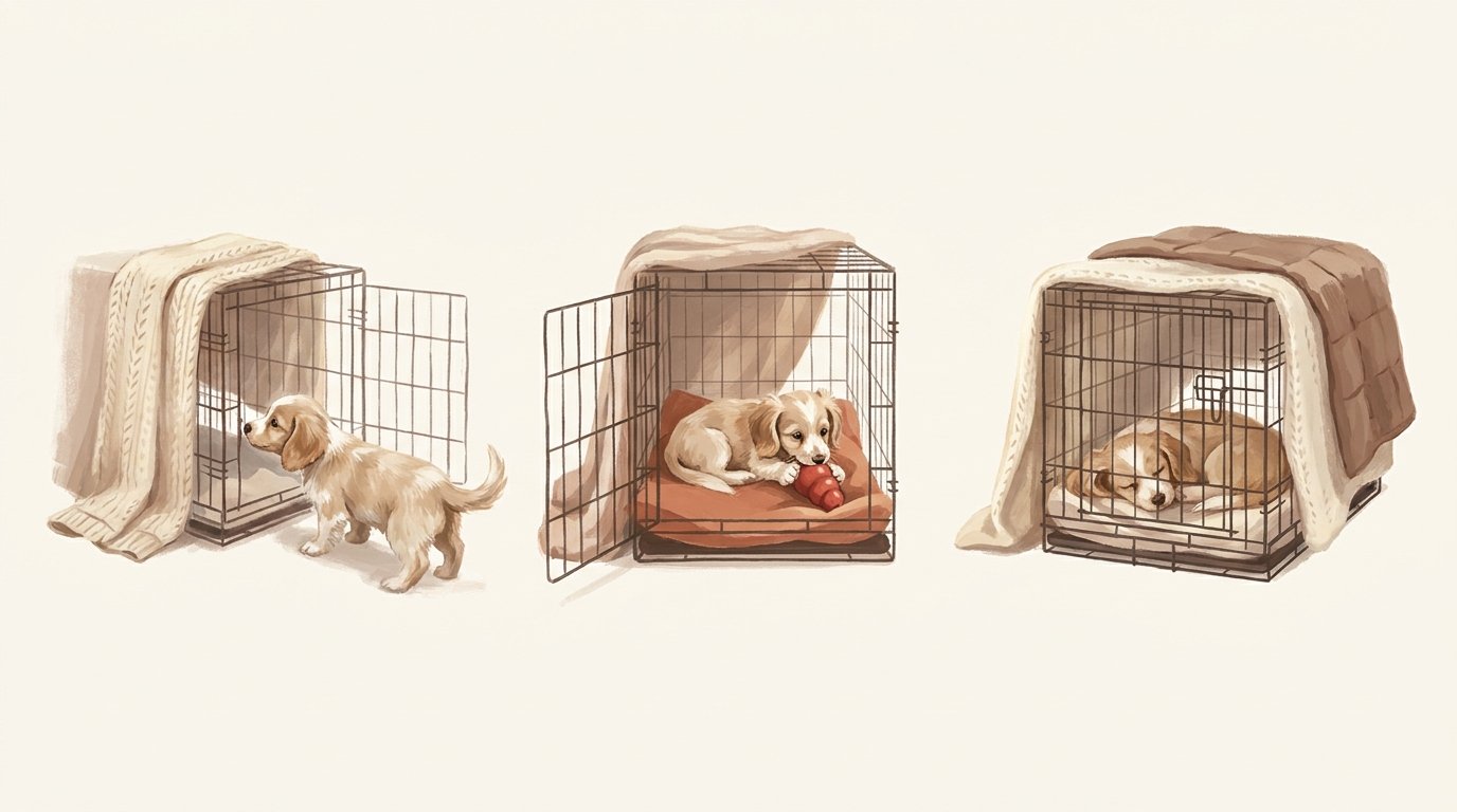 Trois étapes de l'habituation progressive d'un chiot à la cage : découverte, confort, sommeil