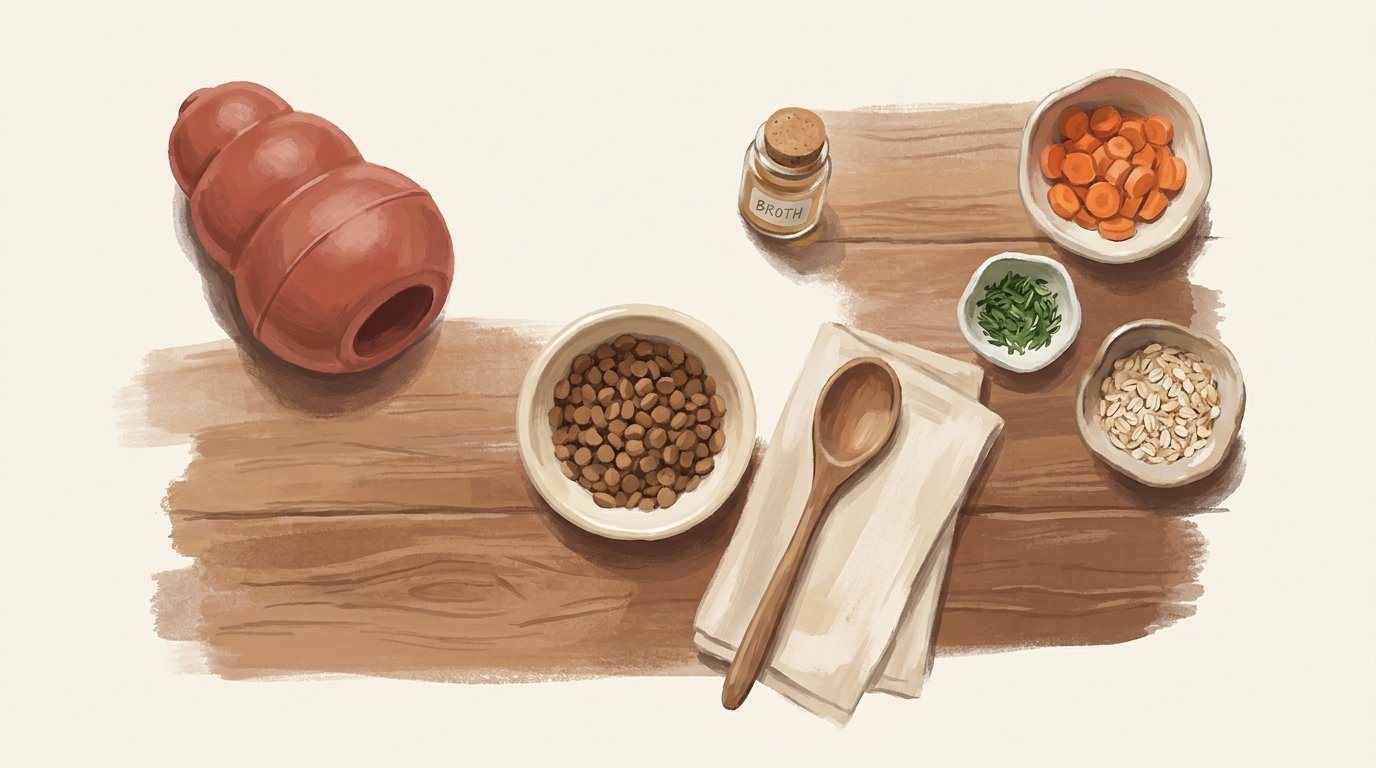 Flat lay éditorial — jouet KONG, bols de croquettes, céréales et herbes, cuillère en bois et bouillon — illustration gouache