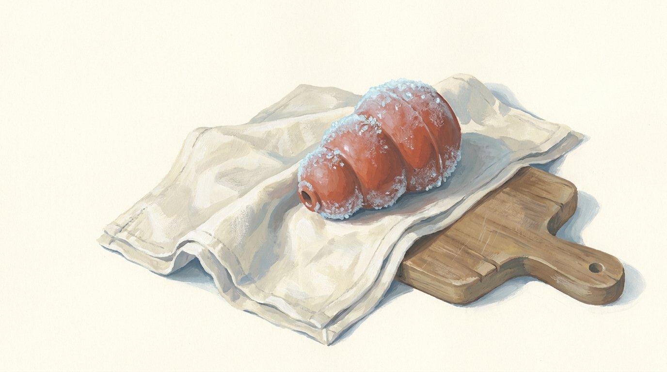 Un KONG congelé sur un linge crème, prêt pour la poussée dentaire