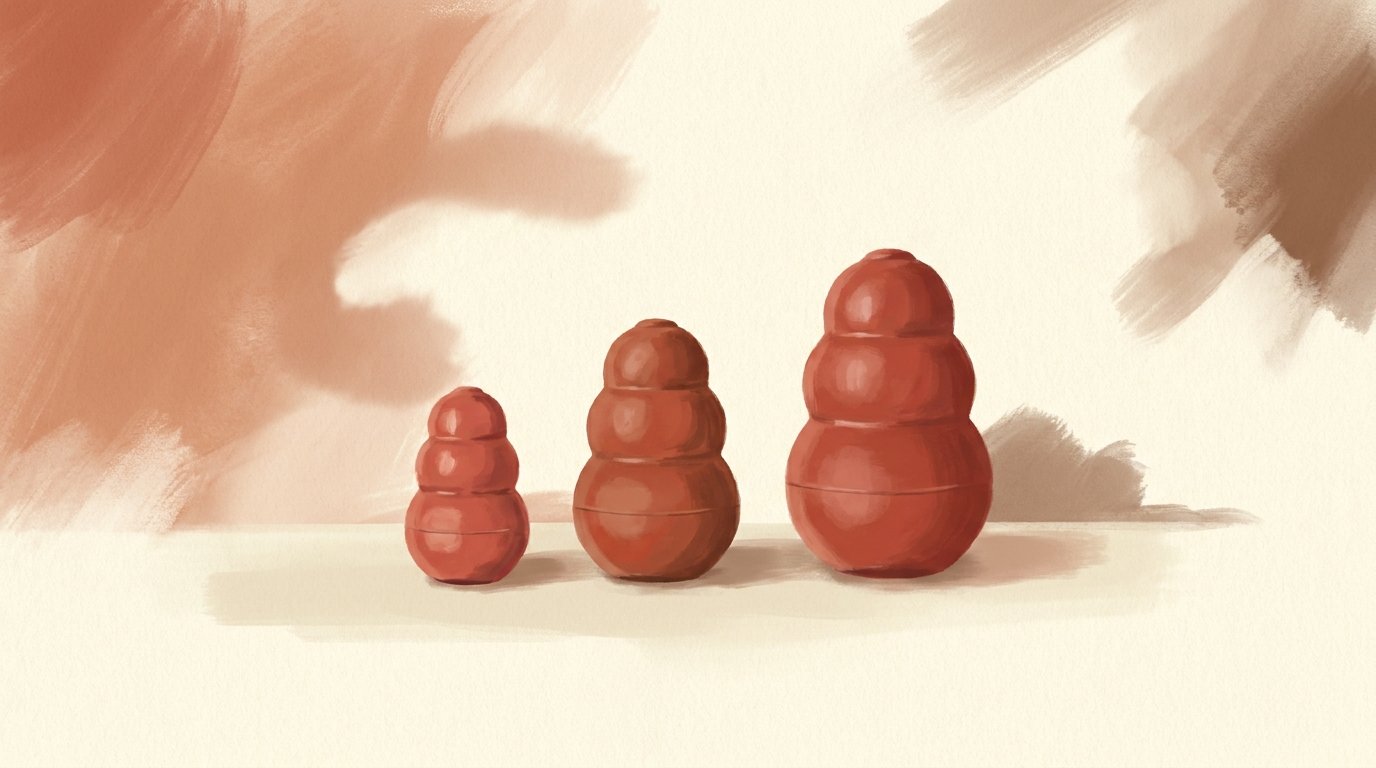Les trois tailles de KONG alignées : S, M et L pour adapter à la morphologie du chiot