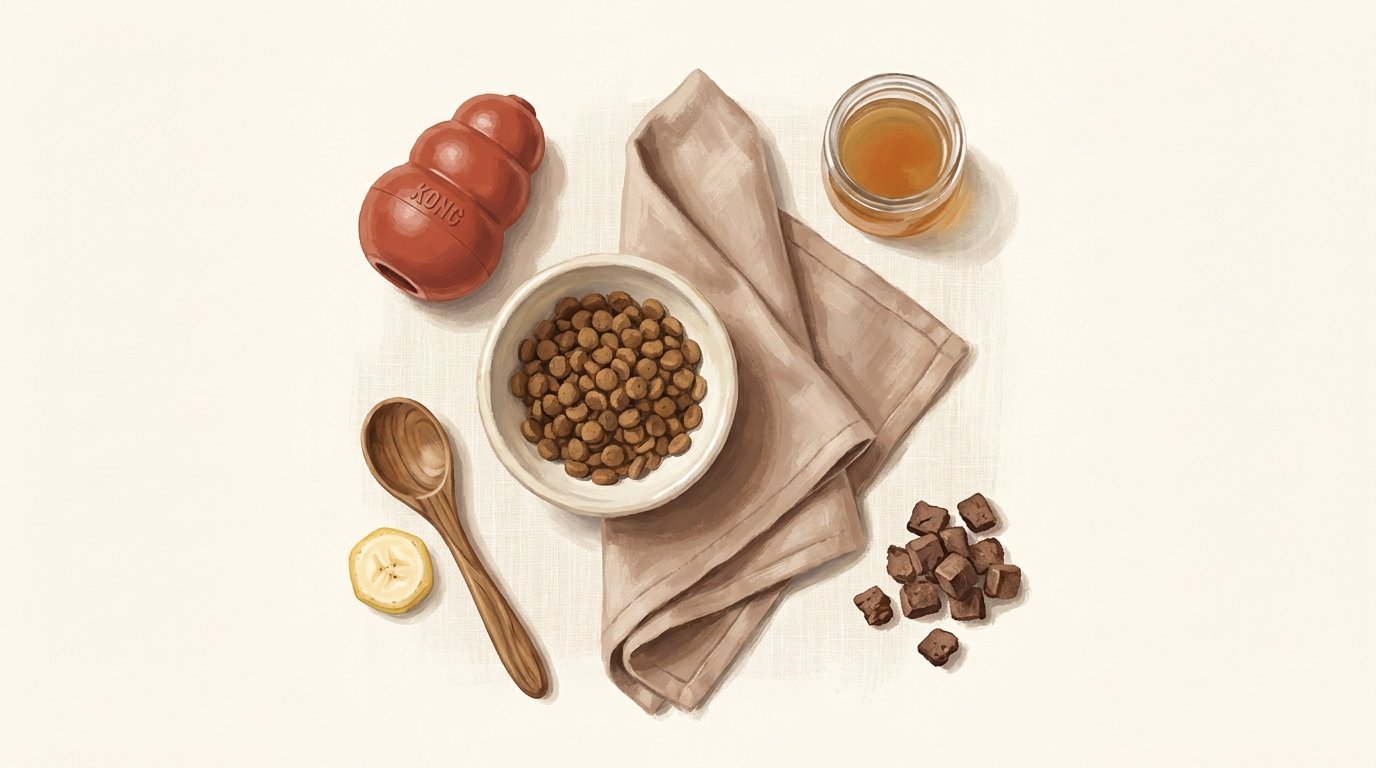 Ingrédients d'une recette KONG de base : croquettes, bouillon, foie lyophilisé, banane