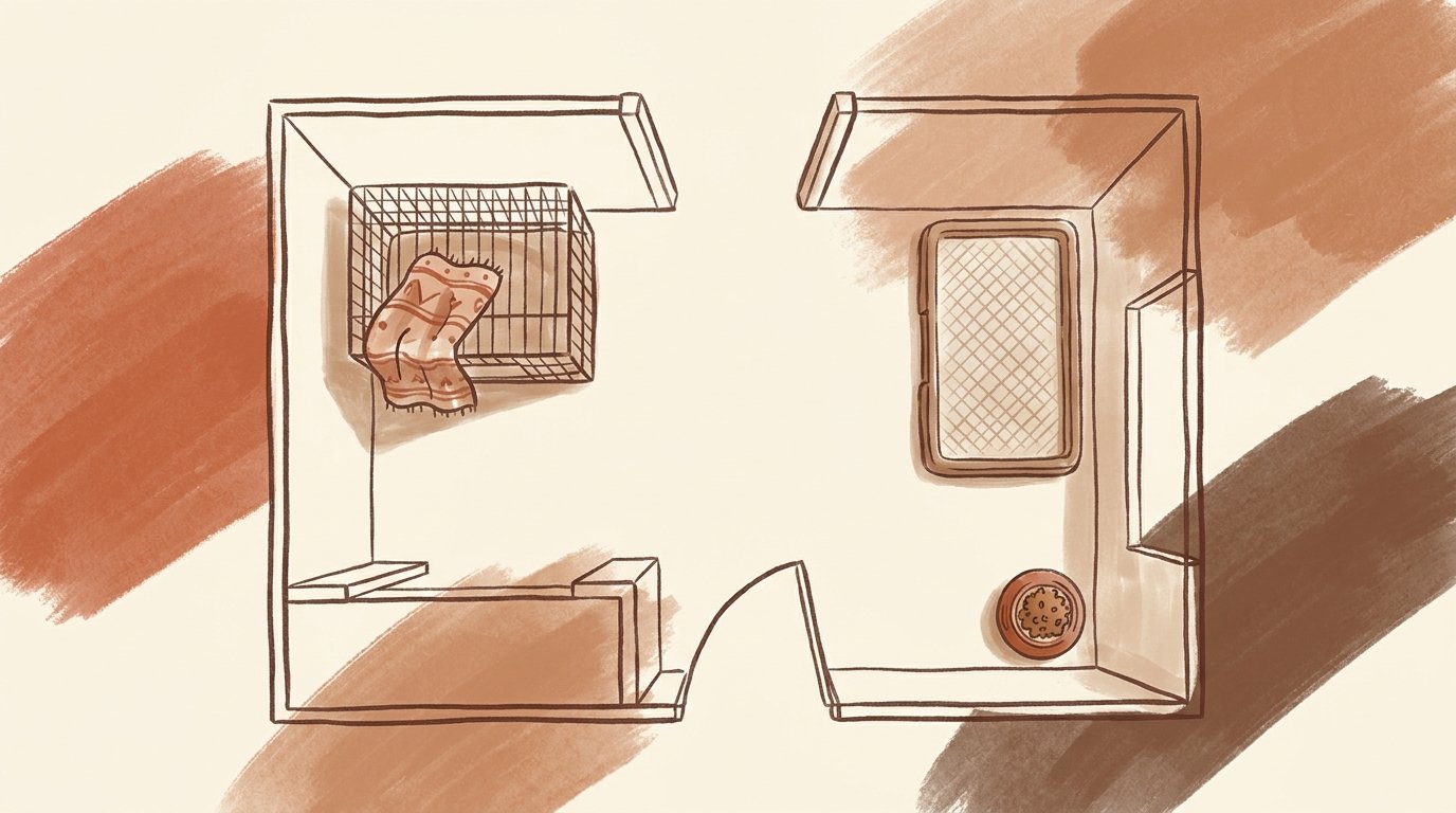 Plan simplifié d'un appartement : cage d'un côté, alèse de l'autre, gamelle séparée