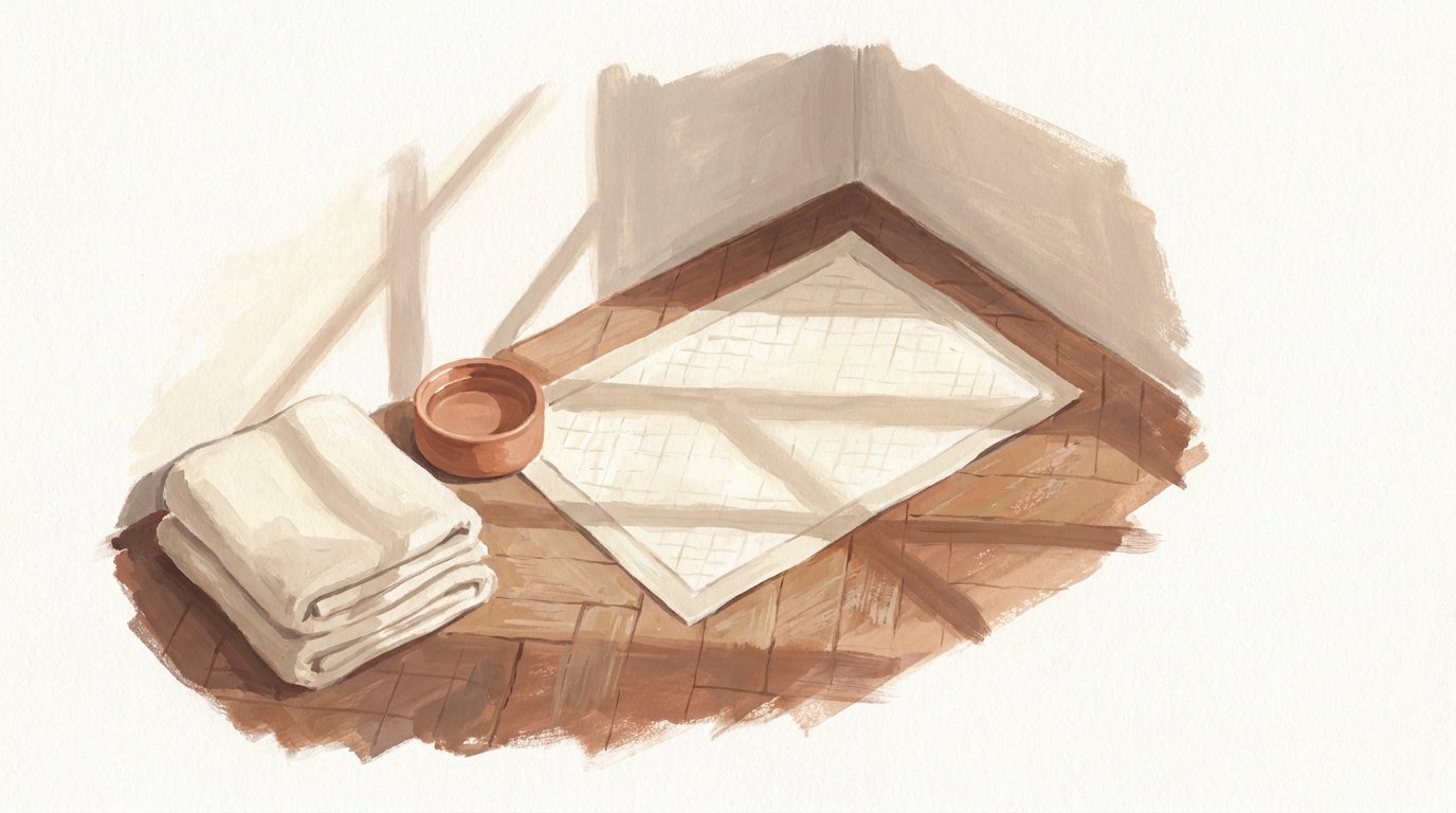 Coin d'appartement avec alèse d'apprentissage sur parquet, bol en terre cuite et couverture en lin dans une lumière douce — illustration éditoriale