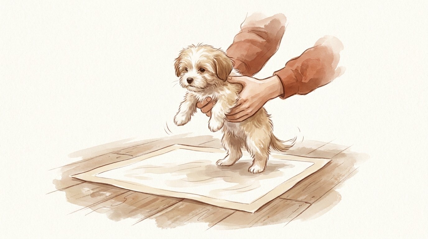 Illustration du protocole porté-déposé : on porte le chiot jusqu'à l'alèse, on ne le laisse pas marcher