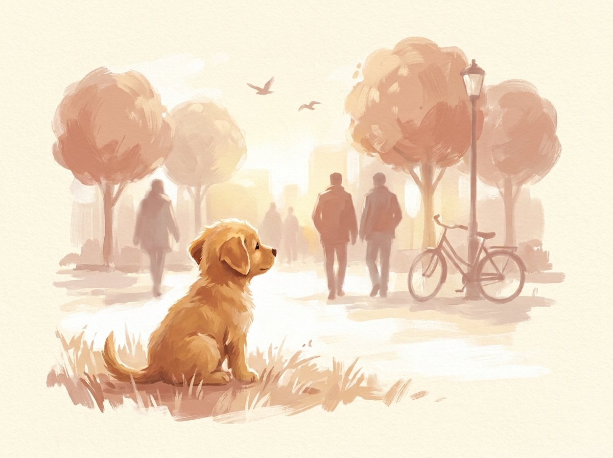 Illustration éditoriale gouache d'un chiot curieux découvrant un parc avec passants, vélos et oiseaux, palette crème et terracotta