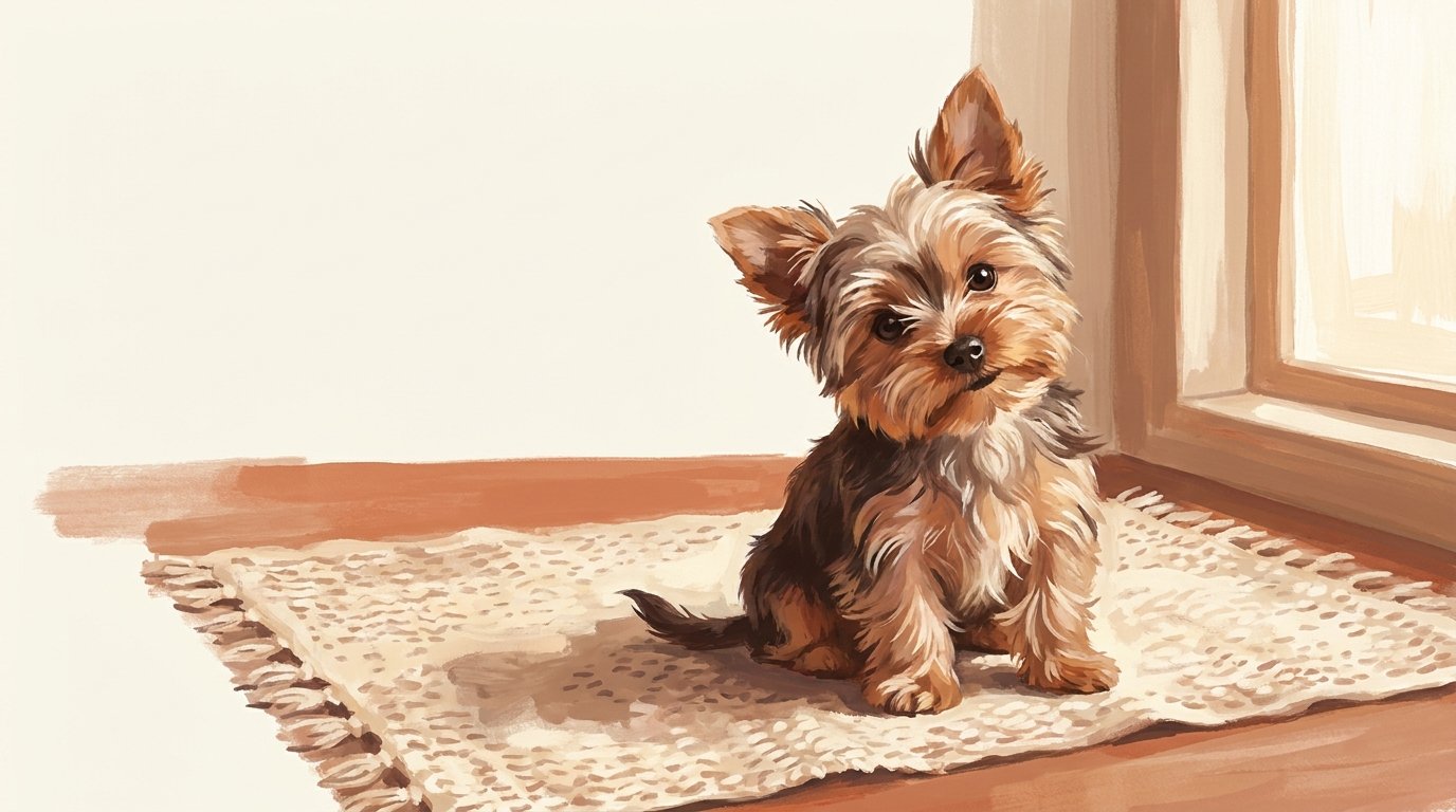 Petit chiot croisé au regard intelligent et curieux assis sur un tapis