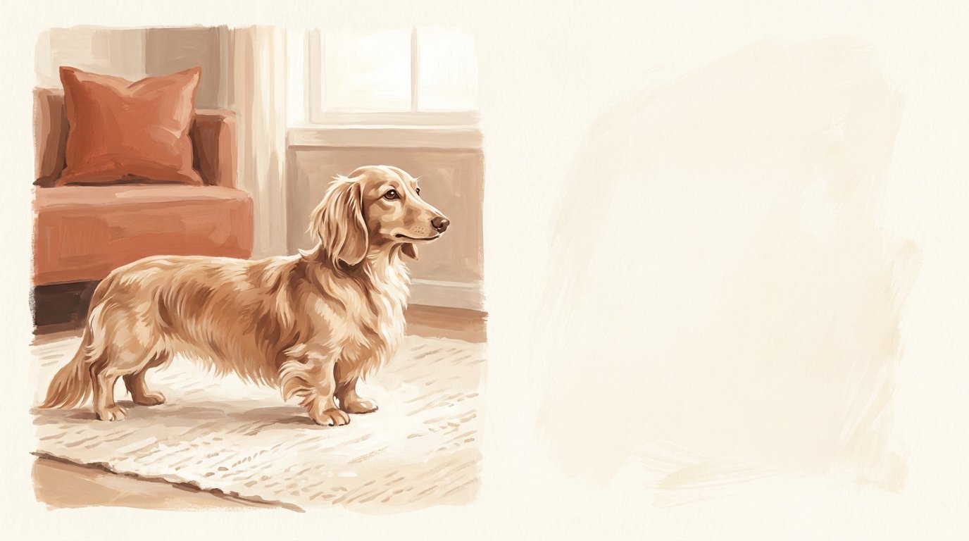 Illustration éditoriale d'un teckel à poil long en profil — corps bas et allongé, oreilles tombantes, coussin terracotta en arrière-plan