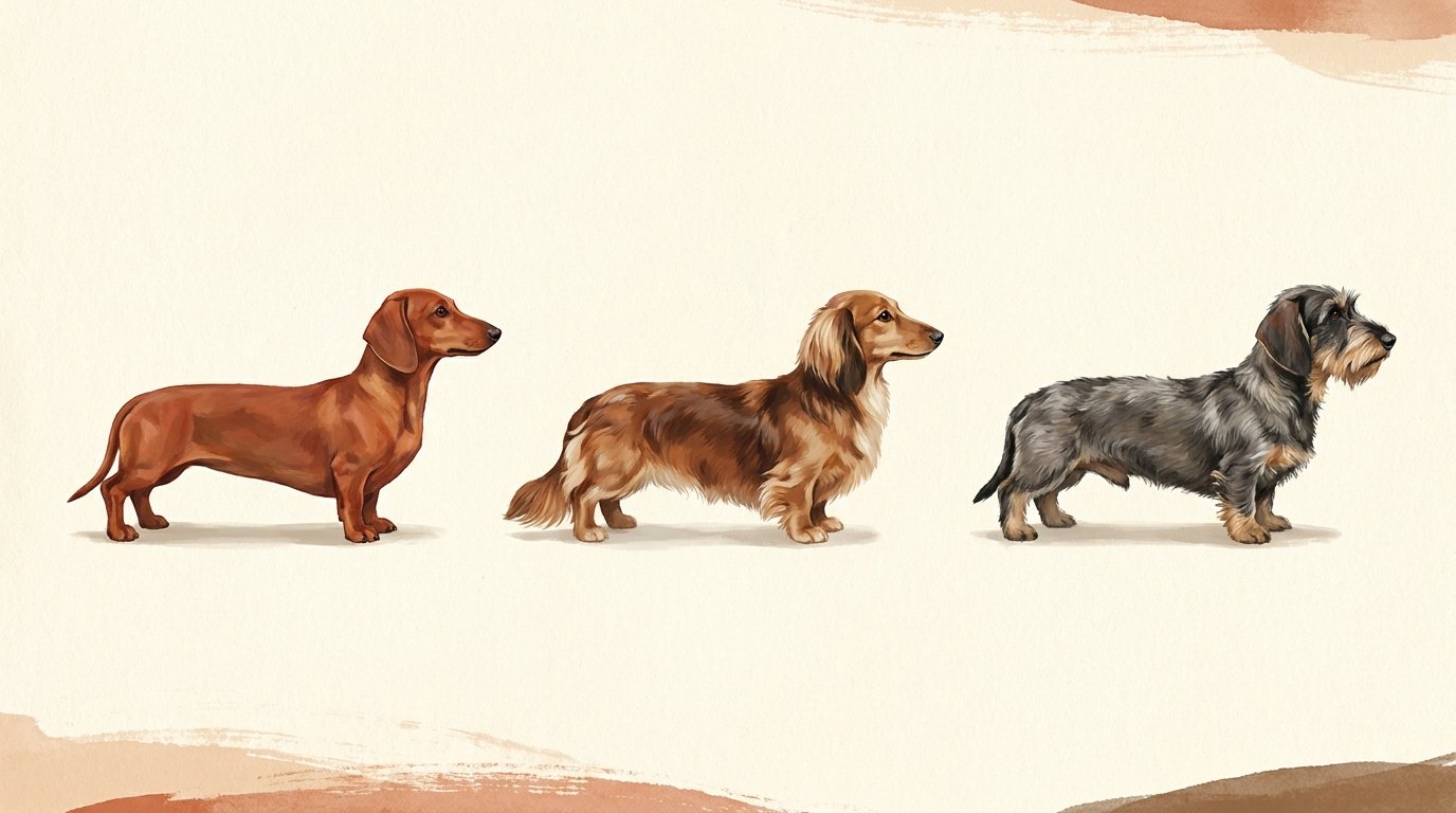 Les trois variétés de poil du teckel : poil ras, poil long et poil dur, alignées en profil