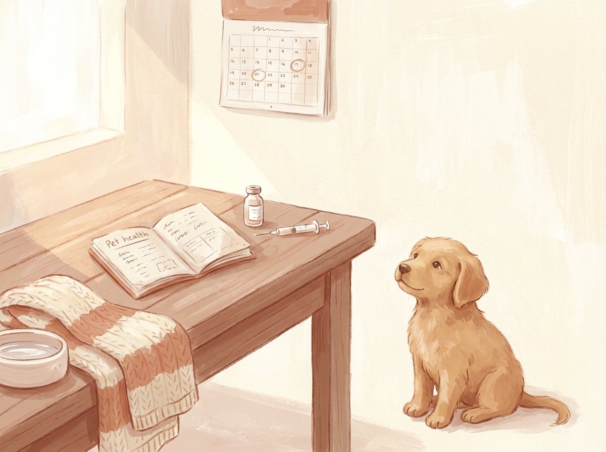 Illustration éditoriale gouache d'un carnet de santé ouvert, d'une seringue posée à plat et d'un calendrier mural sur une table en bois, palette crème et terracotta