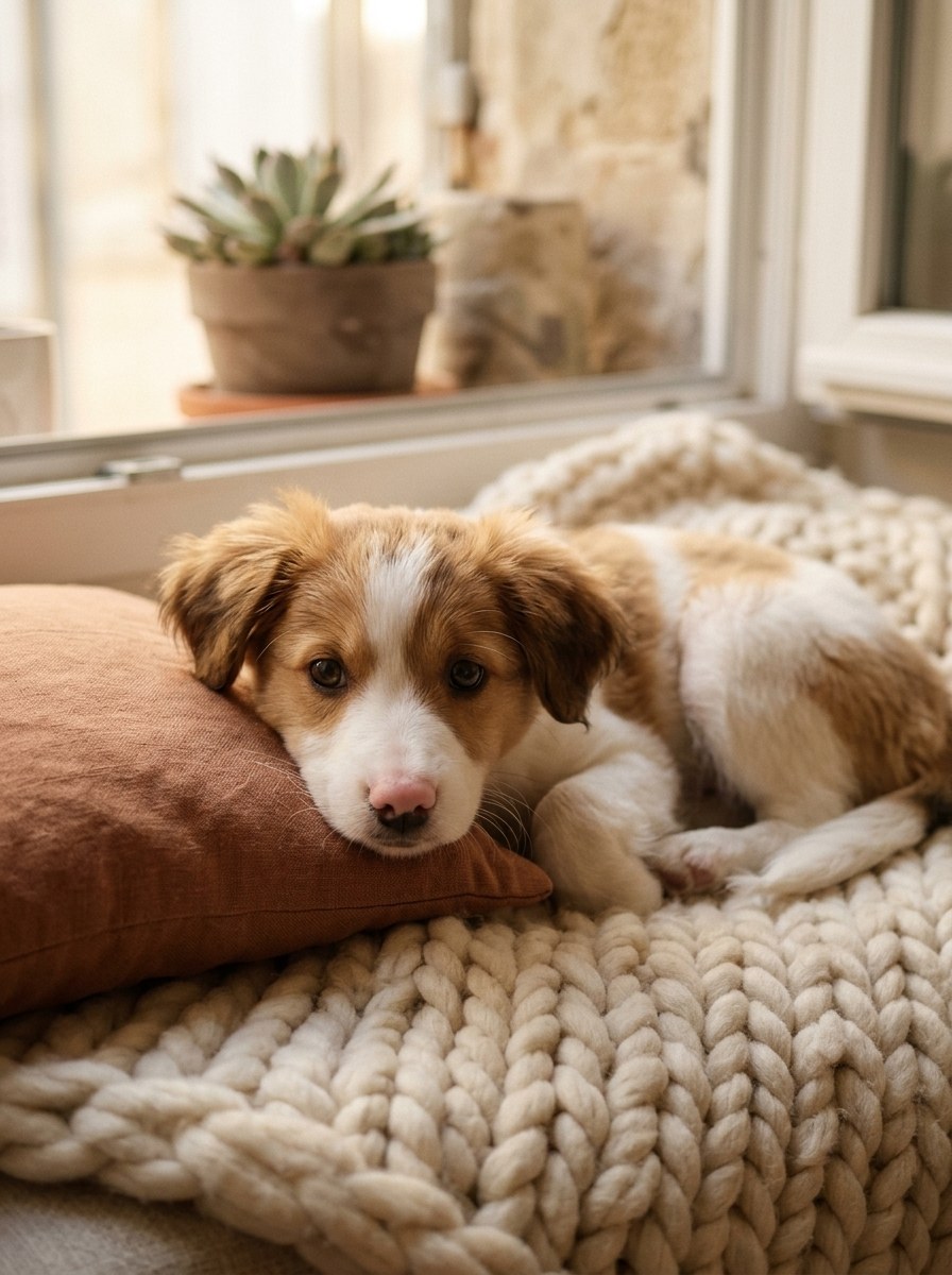 Milou, chiot blanc et fauve, lové sur un plaid tricoté crème dans un appartement lumineux à Marseille